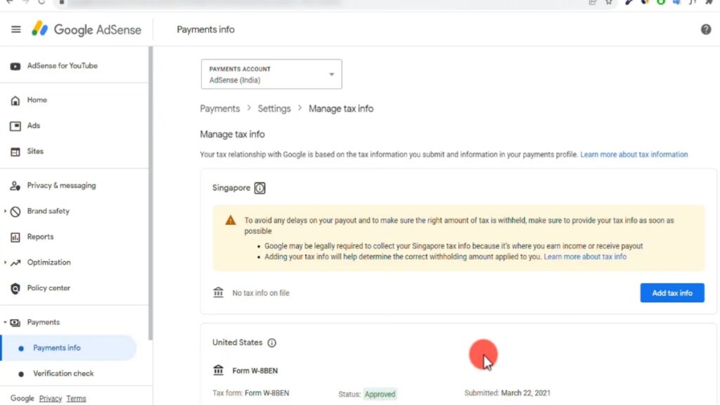 How To Fill Singapore Tax Info In Google AdSense